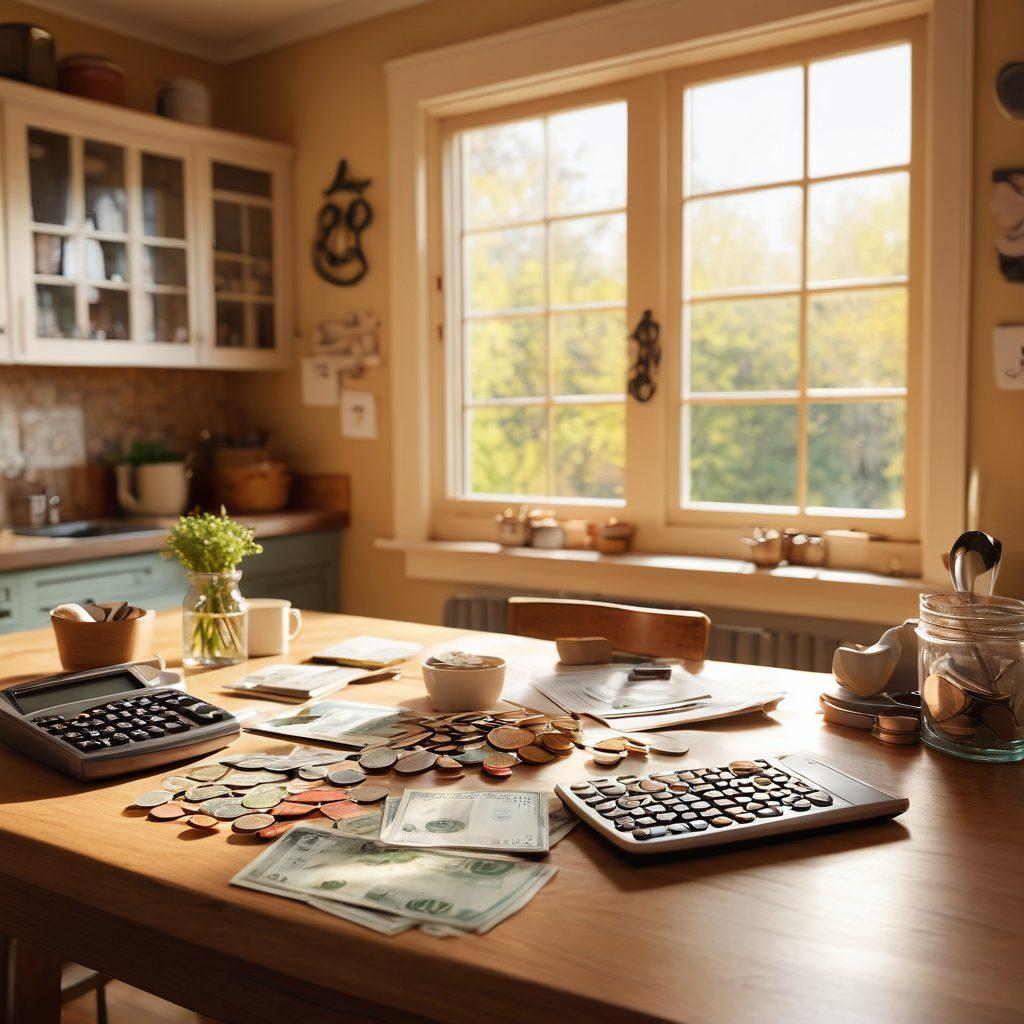 A warm, inviting scene depicting a couple joyfully discussing finances at a cozy kitchen table, surrounded by a calculator and budgeting tools. Heart-shaped symbols made of money flutter around, symbolizing love and financial harmony. Soft sunlight streaming through the window creates a hopeful atmosphere, emphasizing connection and partnership. Include visual elements like piggy banks and debt-free signs in the background. super-realistic. vibrant colors. cozy interior.