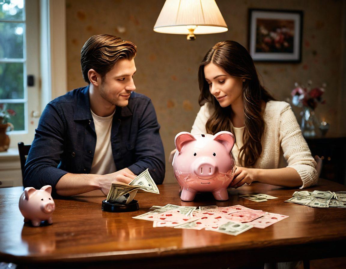 A warm, inviting scene depicting a couple at a dining table, surrounded by scattered bills and a heart-shaped piggy bank, with one partner thoughtfully balancing a scale with hearts on one side and dollar bills on the other, symbolizing the delicate balance between love and finances. Soft lighting and a cozy ambiance to evoke a sense of partnership and support. super-realistic. warm tones. soft focus.