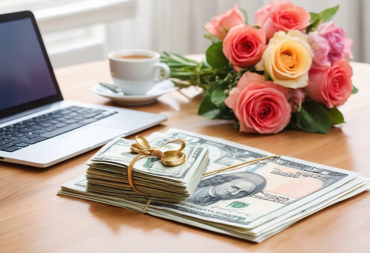 A heart-shaped scale balancing a stack of money on one side and a bouquet of flowers on the other, symbolizing the harmony between love and finances. In the background, a couple discussing their budget with a laptop and coffee, embodying partnership and strategy. Soft warm lighting and inviting colors to evoke a sense of affection. watercolor style. soft focus.